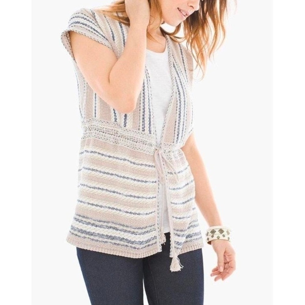 Chicos Striped Knit Open Front Vest Tan Blue Tassel Tie Size 3 Large XL